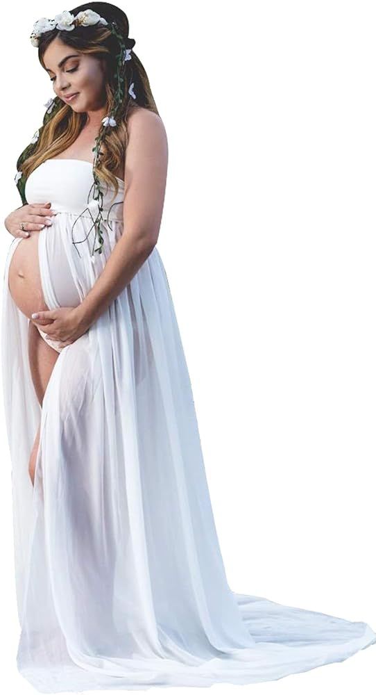 Women's Off Shoulder Strapless Maternity Dress for Photography Split Front Chiffon Gown for Photo... | Amazon (US)