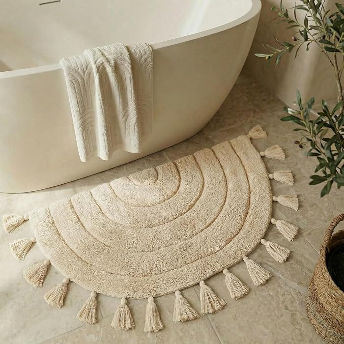 Beautiful Boho Rug with Tassels for Your Bathroom - Soft Half Circle 100% Cotton Mat Fits Perfect... | Amazon (US)
