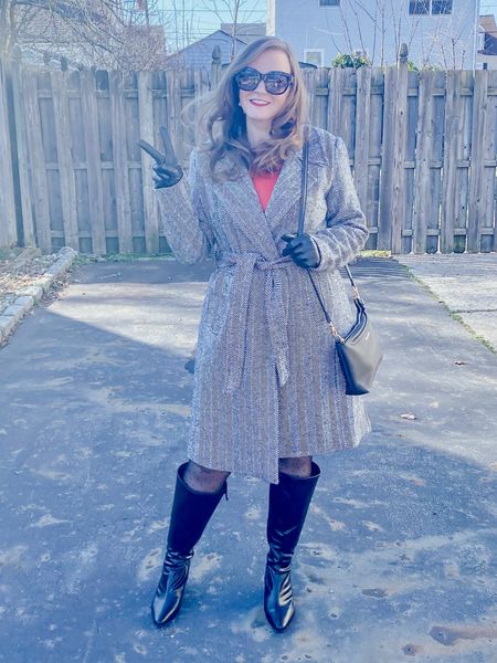 Plaid winter coat 
Black mini skirt and red sweater 
Cat eye sunglasses 
Polka dot tights - order a size up and use gloves to put on to avoid snags 
Knee high boots 

#LTKstyletip #LTKSeasonal #LTKshoecrush