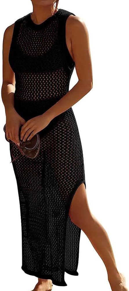 Yinggeli Women’s Swimsuits Cover Ups Crochet Sexy Bikini Bathing Suit Beach Dress (Black) | Amazon (US)