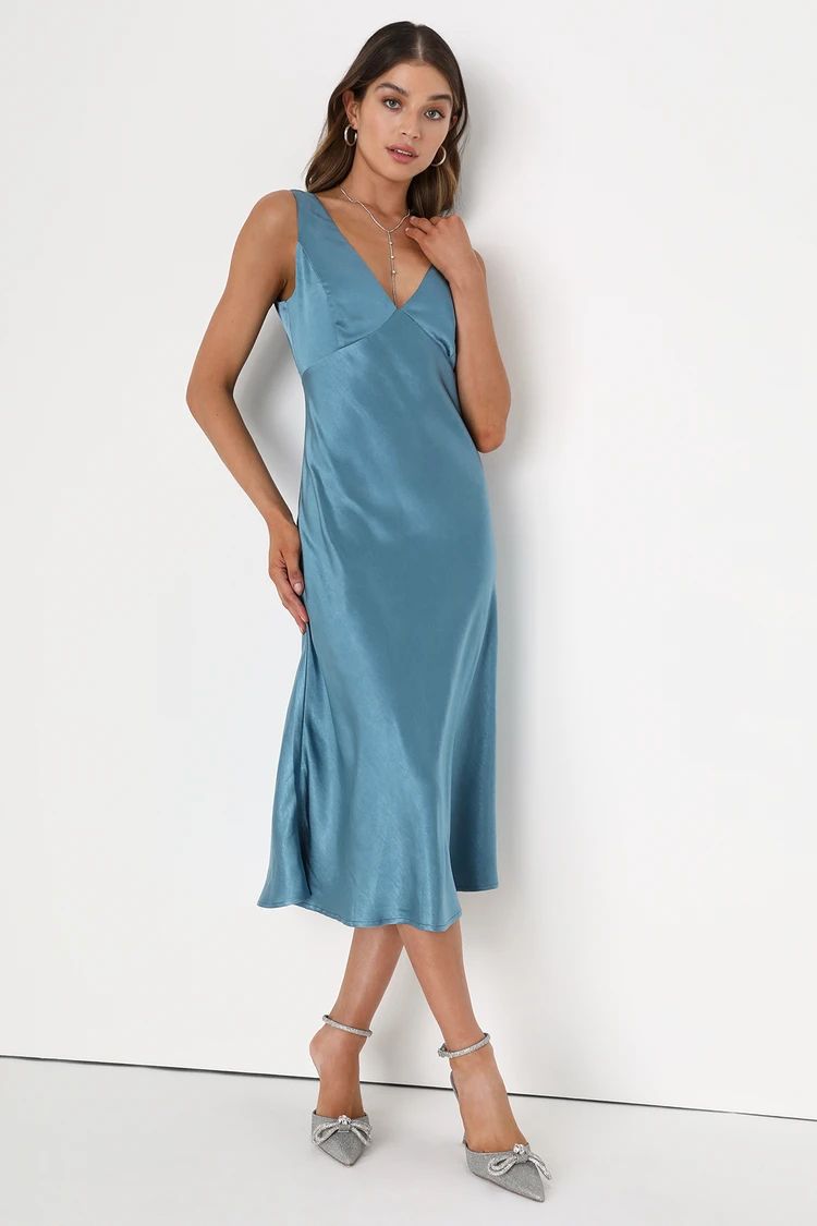 Incredible Love Slate Blue Satin Cowl Back Midi Slip Dress | Lulus