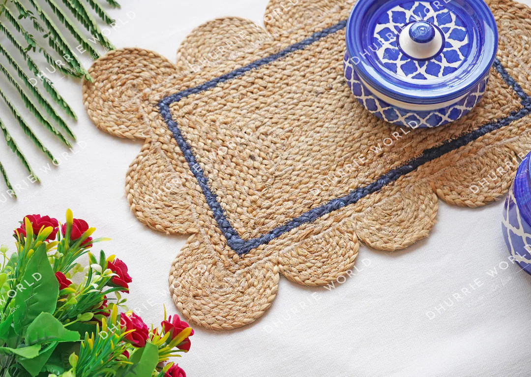 Scalloped Jute Placemats, Boho Tablemats, Farmhouse Navy Jute Placemat, 12x18 Inch - Etsy | Etsy (US)