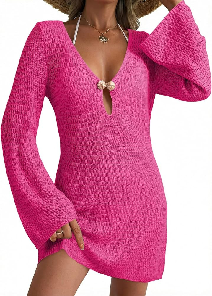 Dokotoo Beach Cover Ups for Women Sexy Deep V Neck Crochet Swimsuit Knit Hollow Out Cover Up Dres... | Amazon (US)