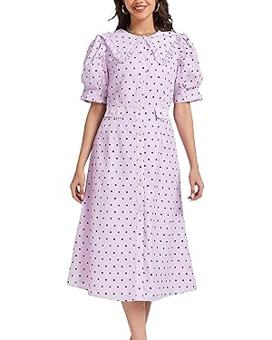 Ladyful Puff Short Sleeve Midi Dress Polka Dot Babydoll Dress Vintage Ruffled Peter Pan Collar We... | Amazon (US)