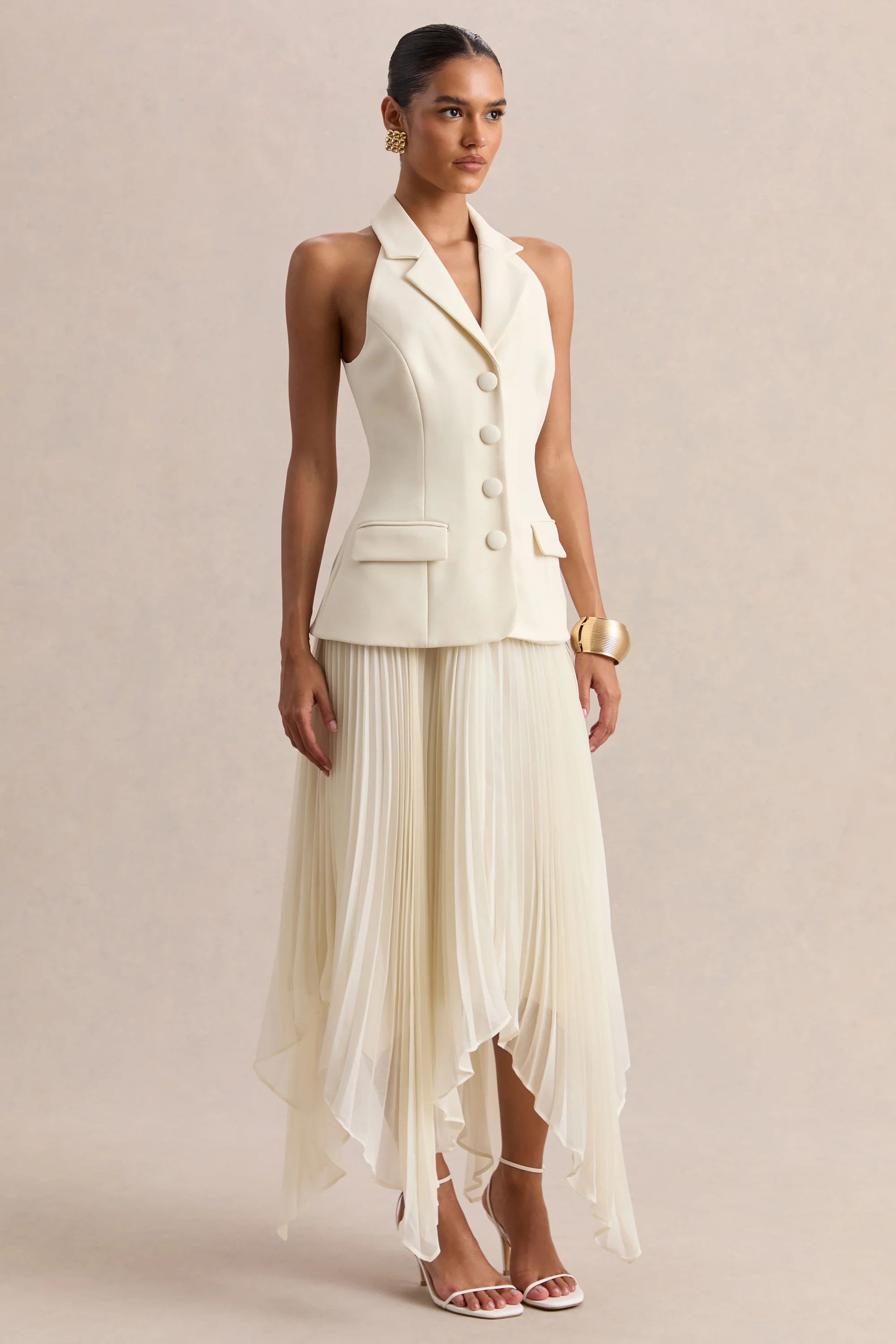 Marvelle | Cream Plunge-Neck Maxi Dress With Hanky Hem | Club L London