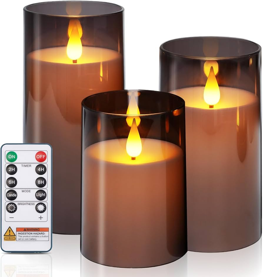 Homemory Gray Flameless Candles, Battery Operated Acrylic LED Pillar Candles with Remote Timer, R... | Amazon (US)