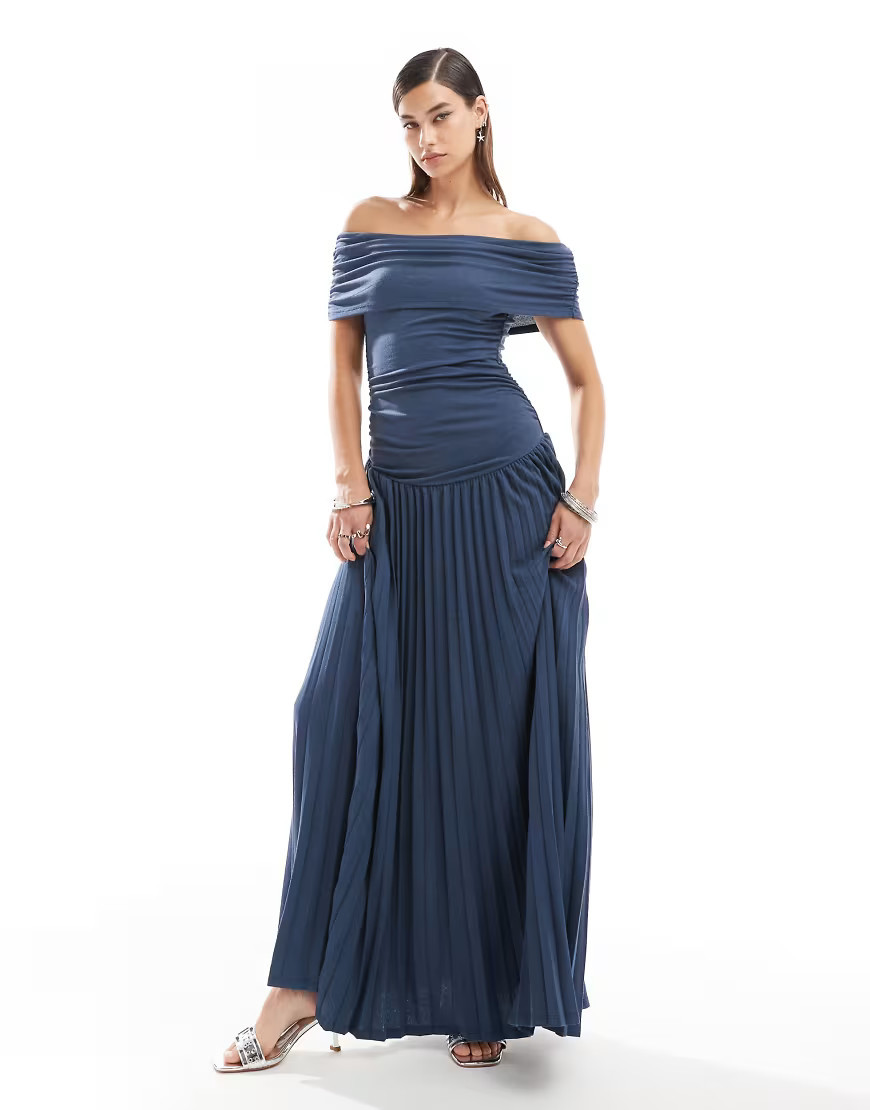 Lioness knit ruched bardot drop waist pleated maxi dress in navy | ASOS (Global)