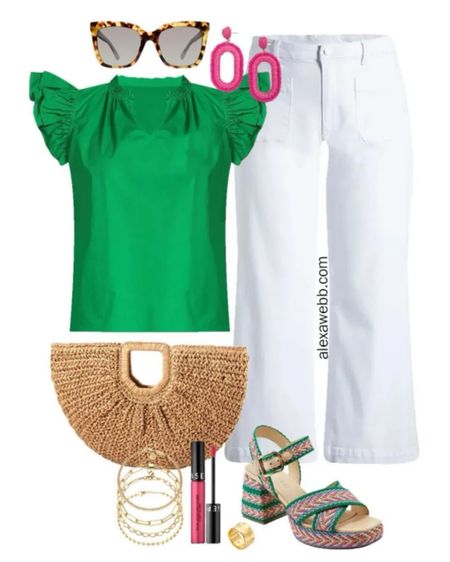 Plus Size Green Frill Top Outfits 2 - A colorful plus size outfit for spring and summer. A plus size green frill top and hot pink statement earrings with white wide leg ankle jeans and platform sandals. Alexa Webb #plussie

#LTKplussize #LTKover40 #LTKstyletip