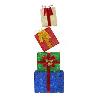 4.5 ft. Tinsel LED Stacked Gift Boxes Holiday Yard Decoration | The Home Depot