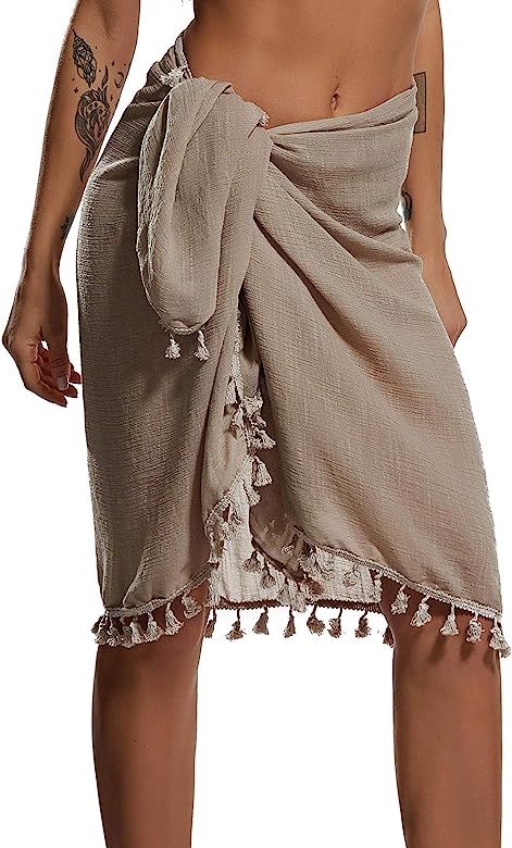 Eicolorte Beach Sarong Pareo Womens Semi-Sheer Swimwear Cover Ups Short Skirt with Tassels | Amazon (US)