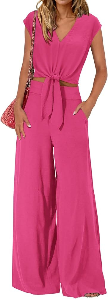 dowerme Women's Summer 2 Piece Outfits Cap Sleeve Strappy Crop Top Wide Leg Pant Sets Casual Trac... | Amazon (US)