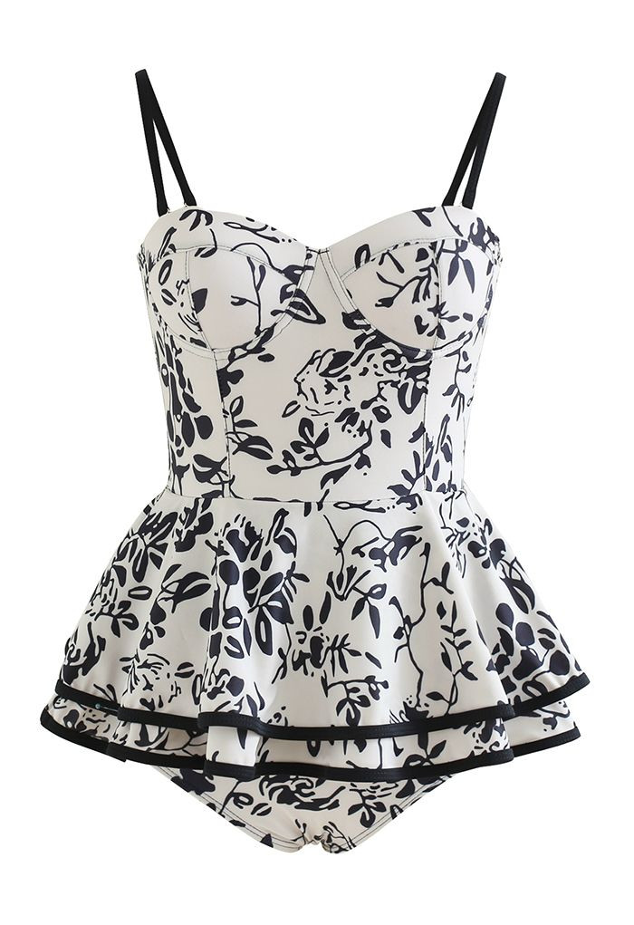 Bustier Inky Branch Tiered Hem Swim Dress | Chicwish
