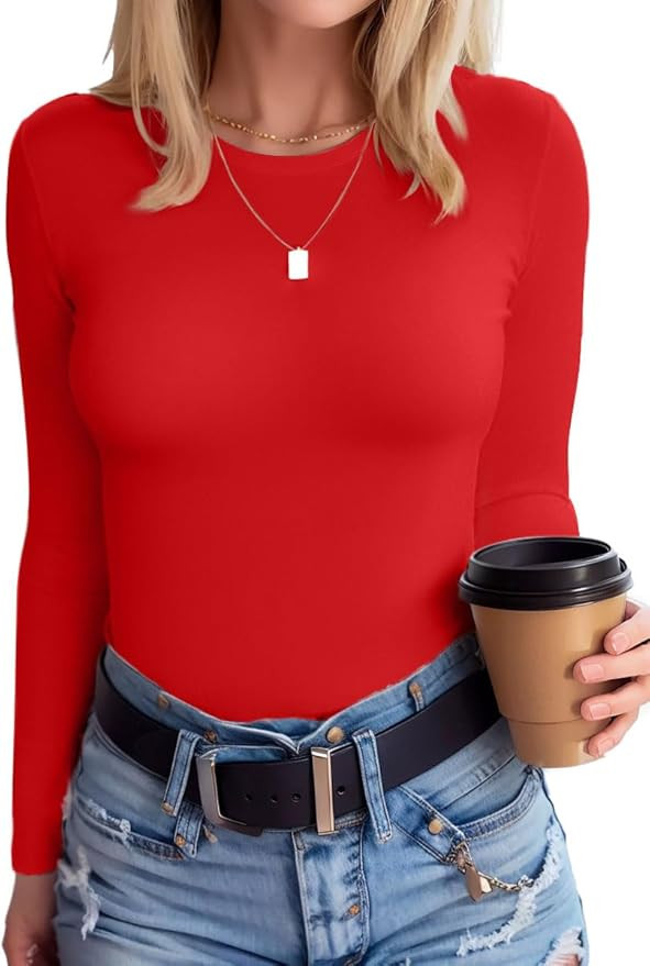 SANDERY Womens Round Neck Long/Short Sleeve Shirts Ribbed Casual Slim Fitted Tops Blouses | Amazon (US)