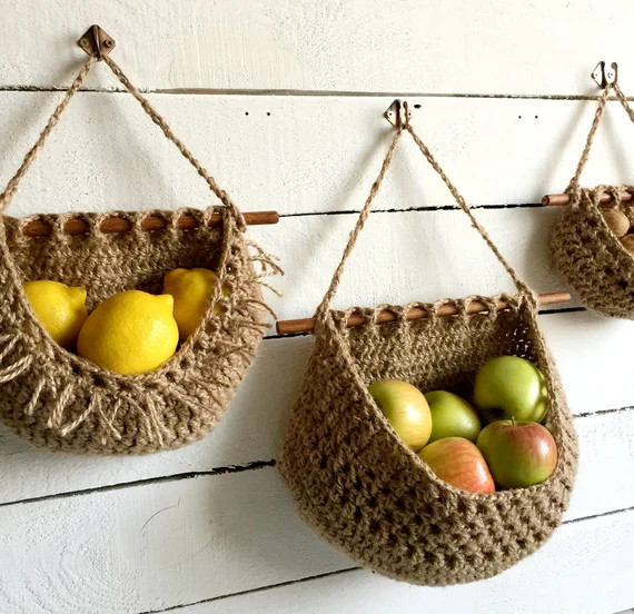 Hanging fruit basket Boho style Three tier Jute wall basket Set 3 Kitchen storage Basket transfor... | Etsy (US)