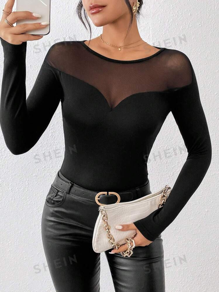 SHEIN Allurite Contrast Mesh Slim Fit Tee | SHEIN