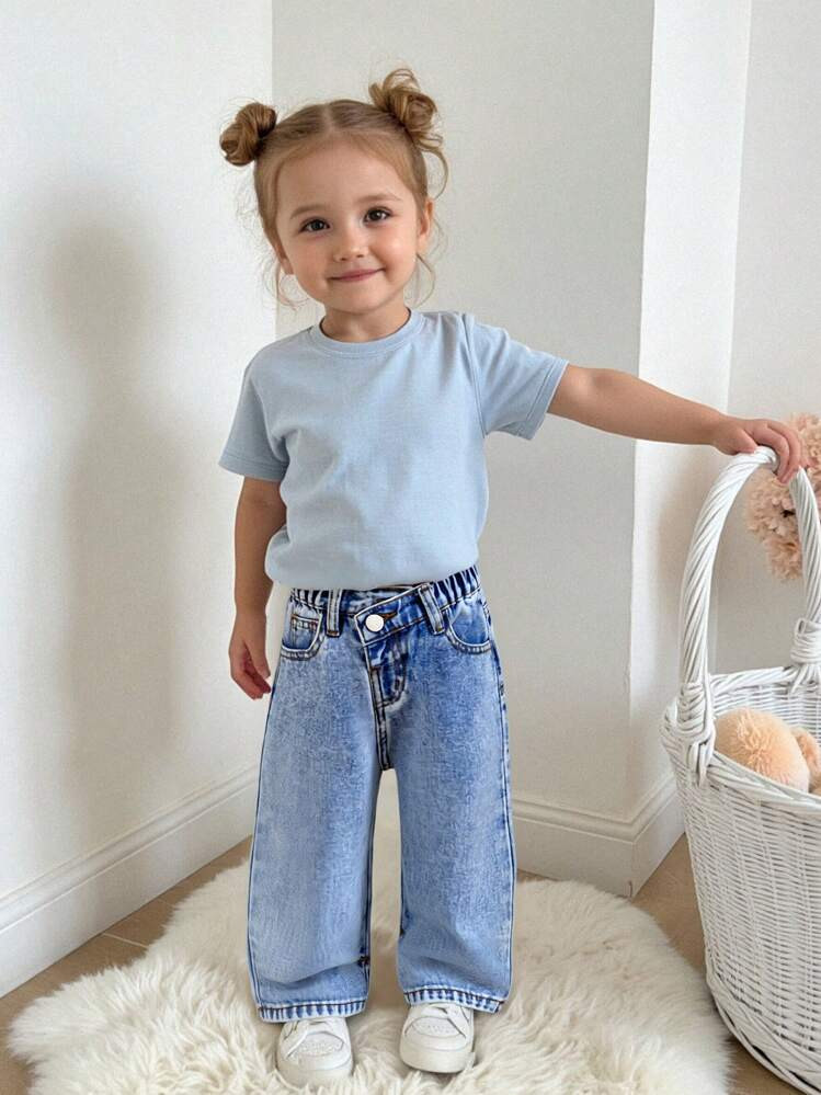 Baby Girl Fashion Casual Slant Placket Frayed Hem Design Washed Denim Straight-Leg Pants | SHEIN