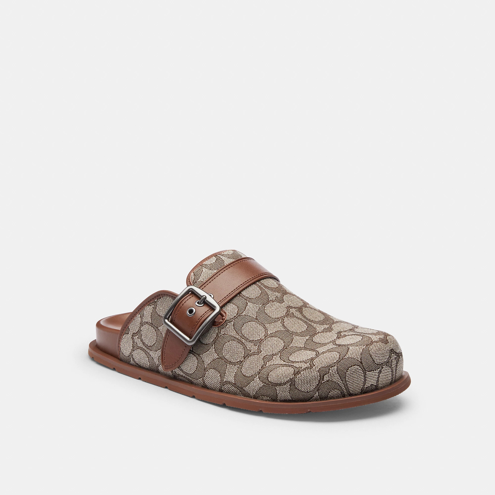 Coach Buckle Clog In Signature Jacquard - Men's Sandals - Size 7 - Oak/vintage Brown | Coach (US)