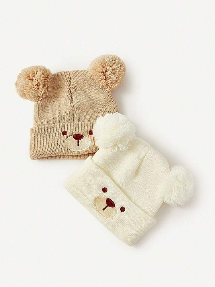 Cozy Pixies 2pcs Baby Hats With Cute Bear Expressions, Knitted Thick Warm And Windproof Hats, Suitable For Outdoor Use | SHEIN