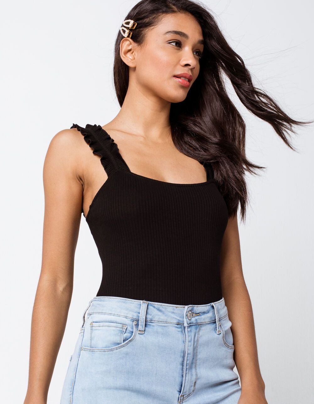 IVY & MAIN Sleeveless Ruffle Ribbed Black Bodysuit | Tillys