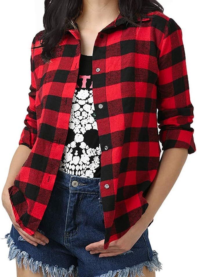 Fesky Red Oversized Plaid Shirt Boyfriend Flannel Shirts for Women Long Sleeve | Amazon (US)