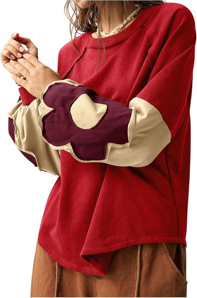 Women's Oversized Sweatshirt Boho Tops Patchwork Crewneck Sweatshirt Floral Long Sleeve Pullover ... | Amazon (US)