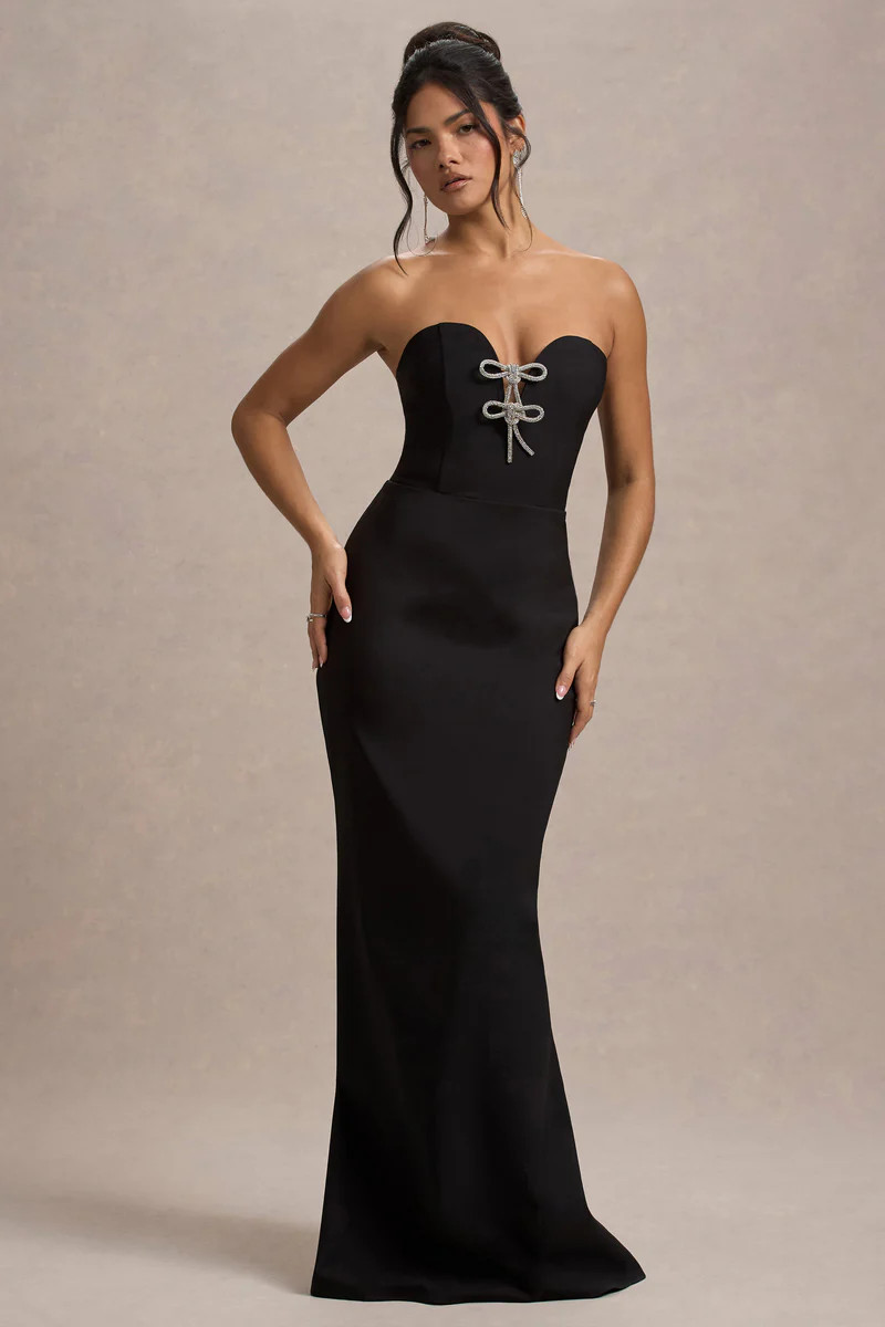Molly | Black Strapless Sweetheart Maxi Dress With Bows | Club L London