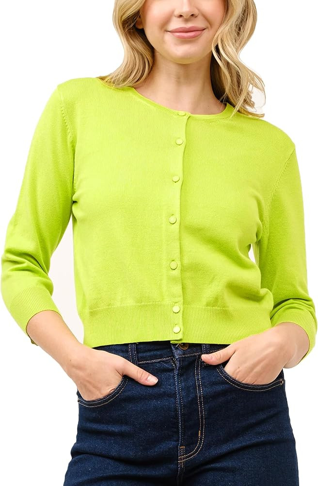 Women's Cropped Cardigan 3/4 Sleeve Crewneck Button Up Sweater Knit Top (S~XL) | Amazon (US)