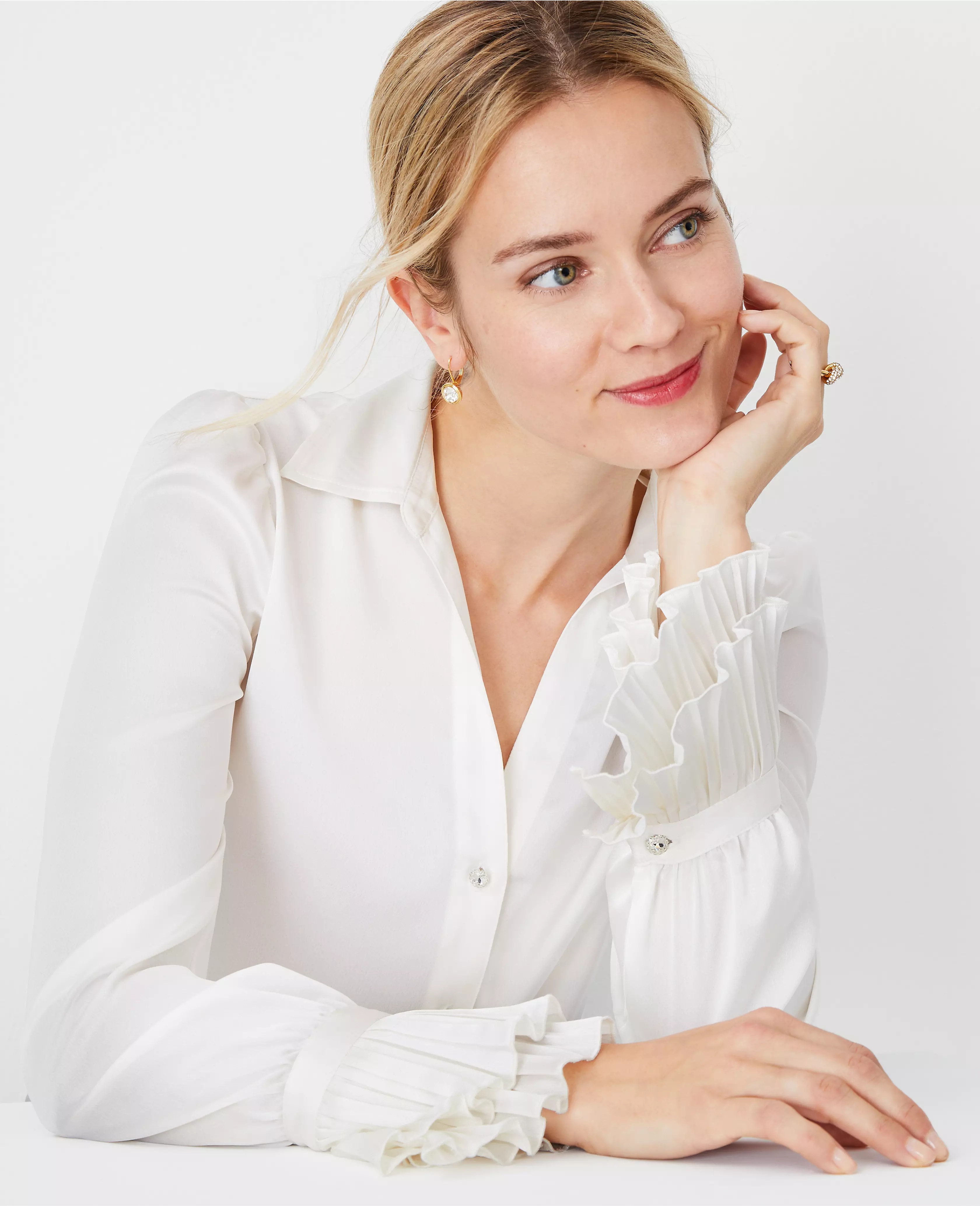 Crystal Button Pleated Cuff Shirt | Ann Taylor (US)