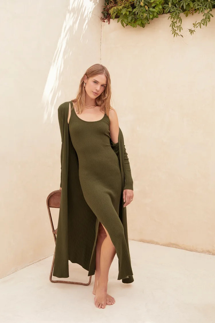 Layer Lover Olive Ribbed Knit Two-Piece Dress & Cardigan Set Outfit Matching Sets | Lulus (US)