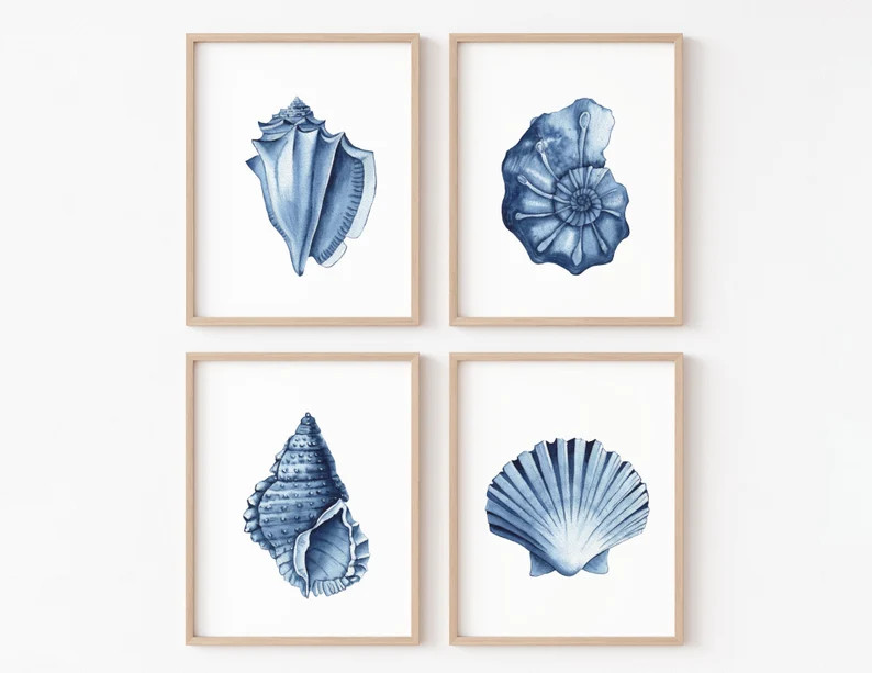 Blue seashells prints set of 4. Coastal printable wall art. Watercolor indigo mussels. Sea life p... | Etsy (US)