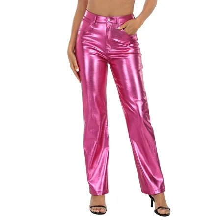 HDE Women's Metallic Faux Leather Pants High Waisted Trousers Hot Pink 6 | Walmart (US)