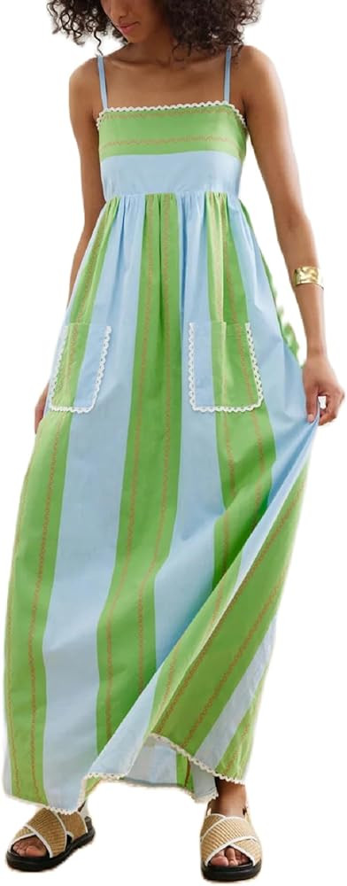 UAURORAO Women Striped Maxi Dress with Pocket Spaghetti Strap Color Block Cami Long Dress Flowy R... | Amazon (US)