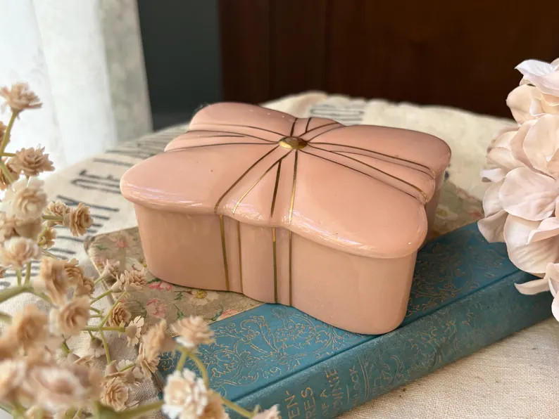 Vintage Dusty Rose & Gold Tone Color Ceramic Jewelry Trinket Box - Etsy | Etsy (US)