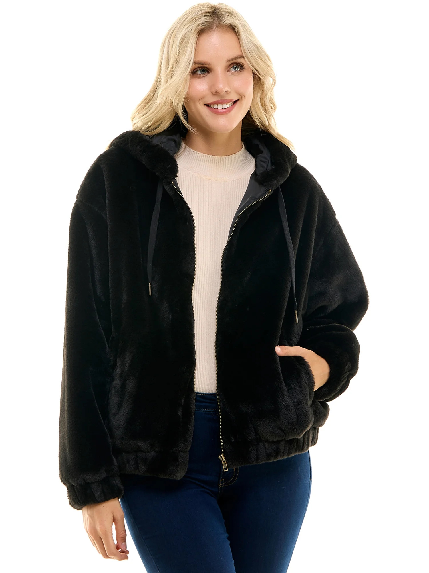 Time and Tru Women's Faux Fur Zip Up Hoodie, Sizes XS-3X | Walmart (US)