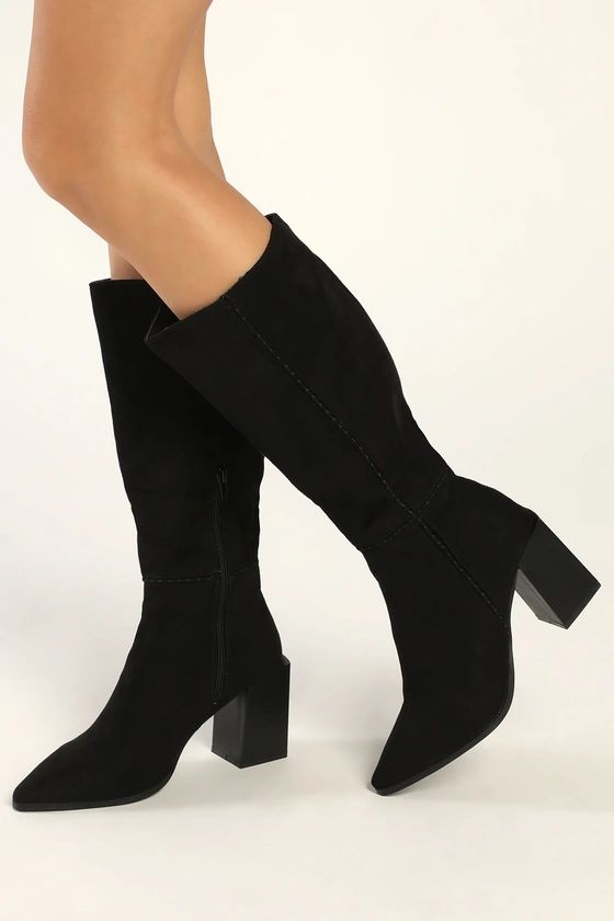 Delaynie Black Suede Pointed-Toe Knee High Boots | Lulus (US)