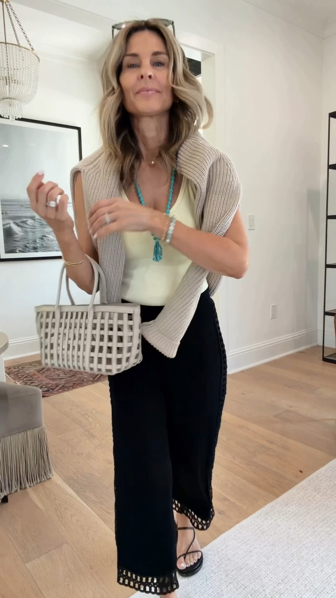 I’m 5’6” 
Pants are on sale, under $80 on my ShopMy https://go.shopmy.us/p-68391874

-Built in bra tank is back is stock in yellow! Amazon! 
-Bag is on sale under $50. Run! 
-Turquoise necklace is so good for the price! 
-sandals TTS 
-quince sweater I sized up to M

#LTKootd #LTKOver40 #LTKTravel