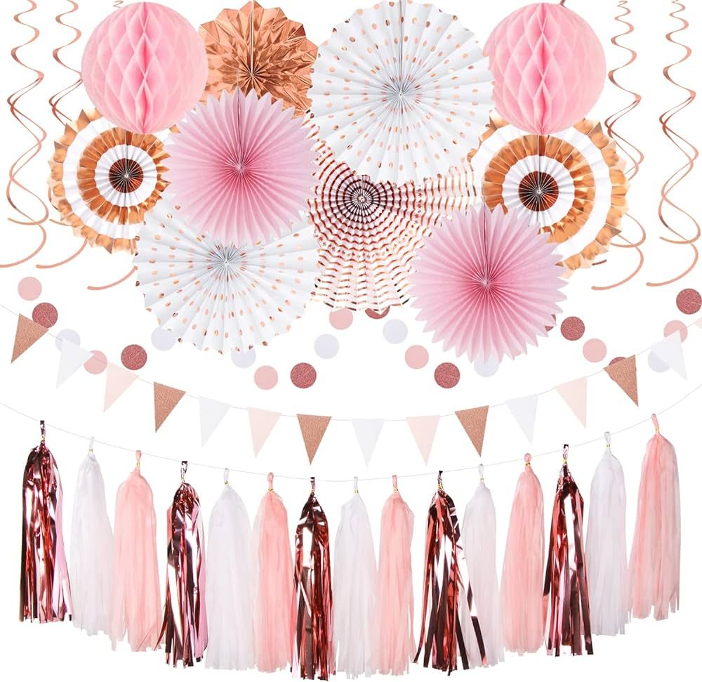 Rose-Gold Pink-White Graduation Party-Decorations - 33pcs Banner,Streamers Tassel Garland,Tissue ... | Amazon (US)