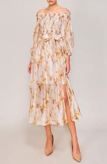 MELLODAY Smocked Bodice Long Sleeve Organza Midi Sundress in Blush Floral at Nordstrom Rack, Size Medium | Nordstrom Rack