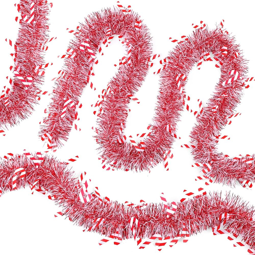XIMISHOP 5pcs 33ft Candy Christmas Tinsel Garlands,Shiny Red White Christmas Candy Cane Hanging G... | Amazon (US)