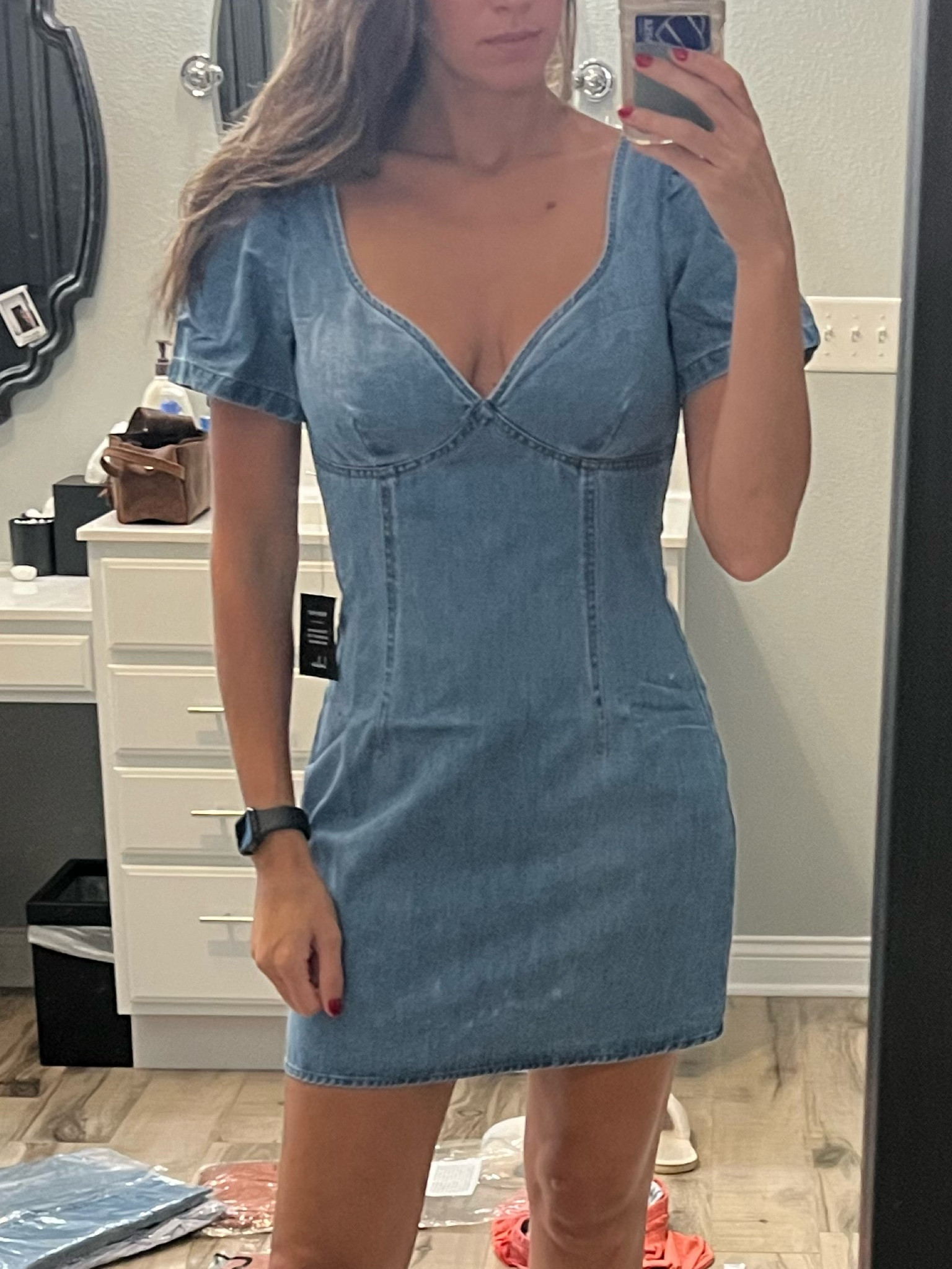 mini denim dress, true to size and no bra needed!