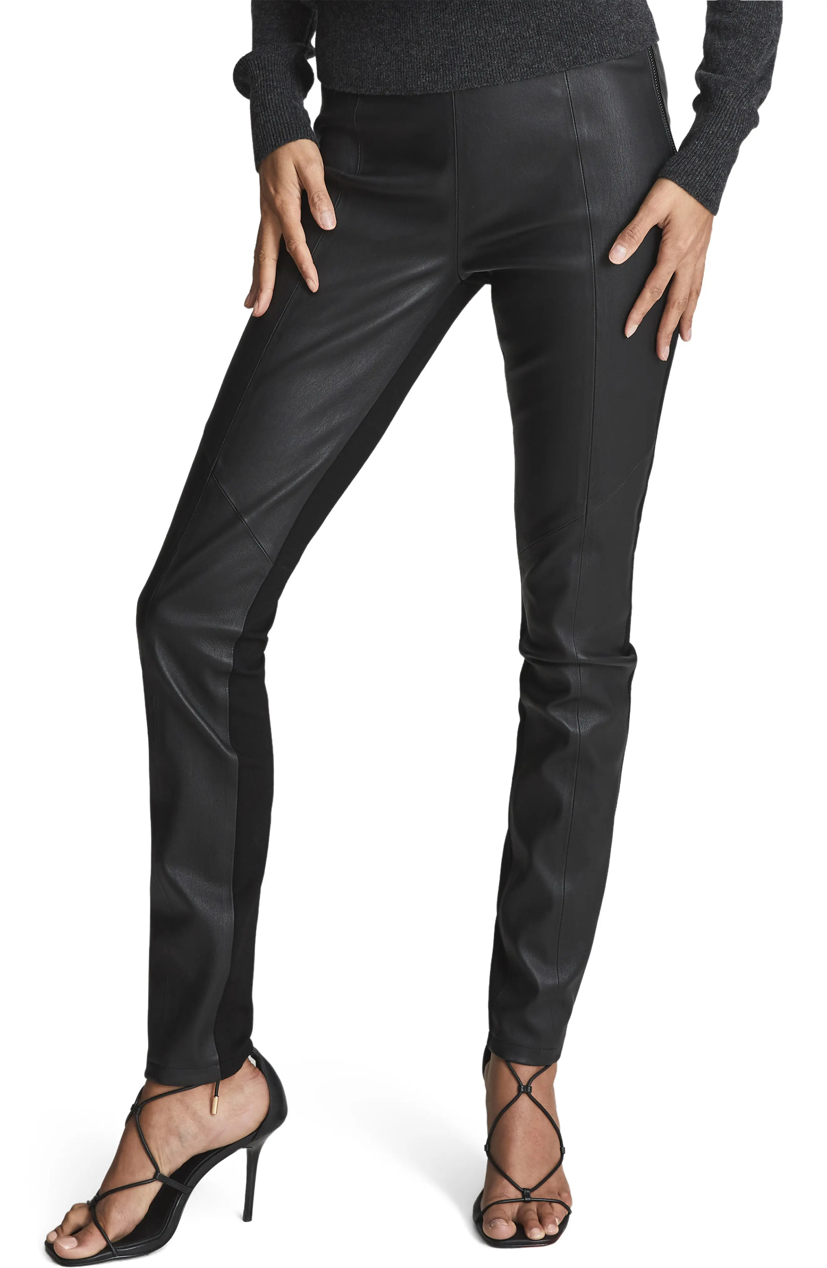 Reiss Meave Mixed Media Leather Pants in Black at Nordstrom, Size 14 Us | Nordstrom