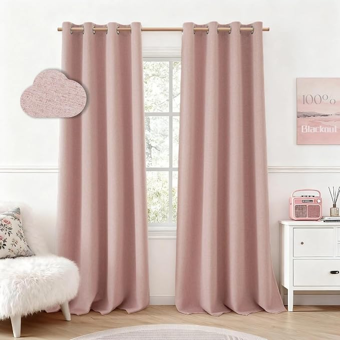 HOMEIDEAS 100% Blackout Blush Pink Faux Linen 52'' X 84'' Curtains 2 Panels | Thick Blend Texture... | Amazon (US)