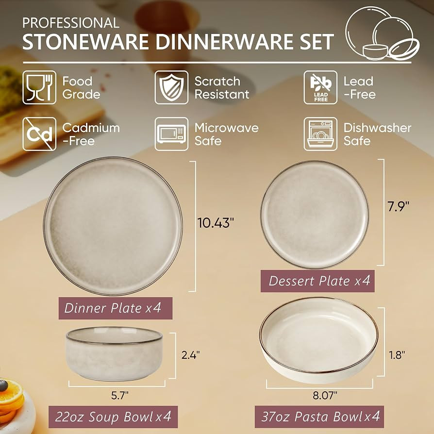 Herogo 16 Piece Dinnerware Sets with Pasta Bowls for 4, Cream Khaki | Amazon (US)