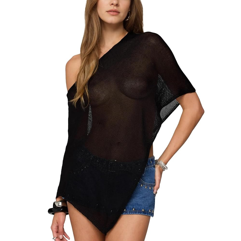 Women Cover Up One Shoulder Knit Asymmetric Shrug Pullover Sweater Trendy Beach Vacation Sheer Po... | Amazon (US)