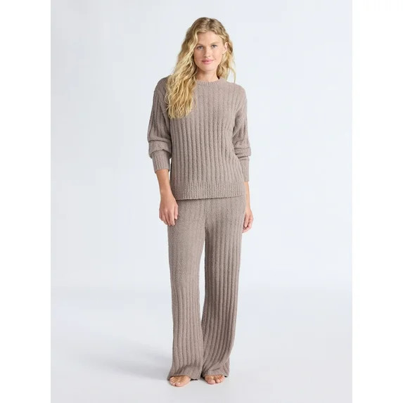 Joyspun Women's Cozy Ribbed Crewneck Top and Wide-Leg Pants Set, 2-Piece, Sizes XS-3X | Walmart (US)