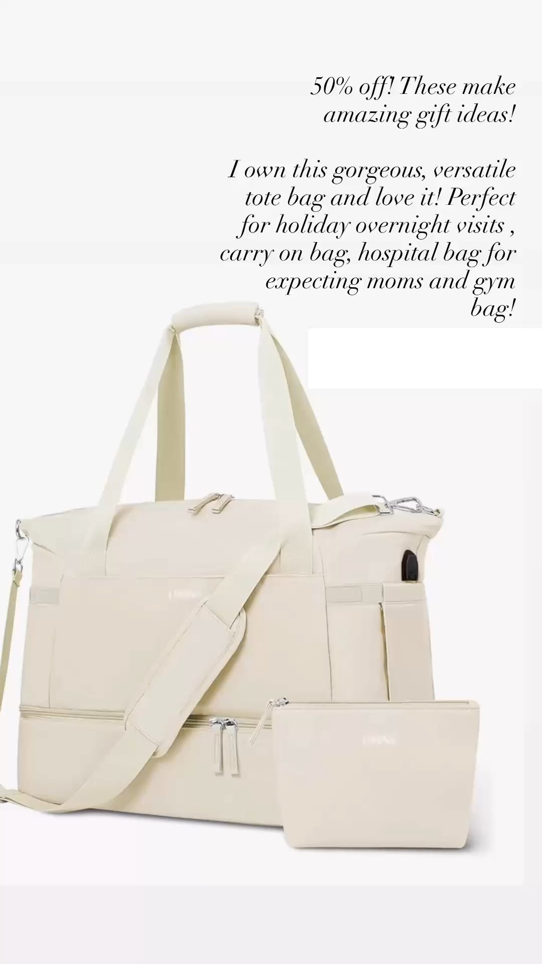 50% off! Gorgeous tote bag- gift for her, the traveller! I have this in the medium and large size and love both! 18 color options, Perfect for weekend/ overnight holiday stays for Thanksgiving and Christmas, carry on luggage, diaper bag, baby bag, gym bag, purse, neutral, beige, shoe bag, vacation, hotel, hospital overnight bag for expecting moms, mom life, family #LTKFamily, #LTKUnder50
