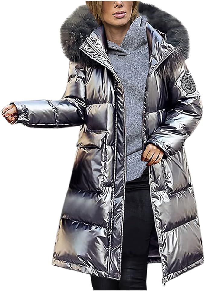 Metallic Puffer Coat for Women, Fashion Quilted Long Down Jacket Oversized Windbreaker Shiny Oute... | Amazon (US)