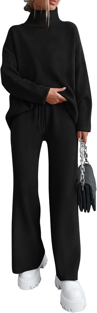 dowerme Women 2 Piece Sweater Sets High Neck Long Sleeve Sweater Top Drawstring Wide Leg Pant Chu... | Amazon (US)