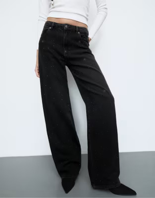 Stradivarius Straight-fit jeans with rhinestones in black denim washed effect | ASOS (Global)