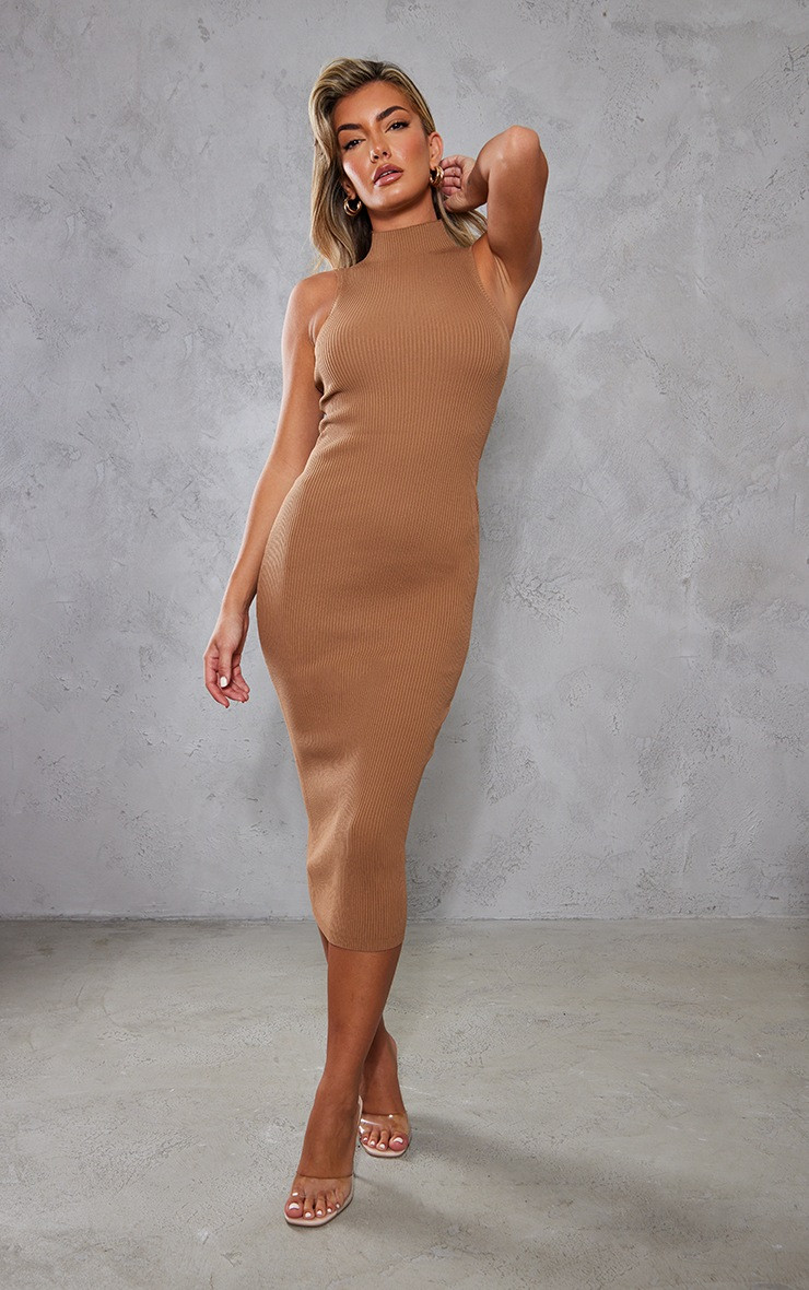 Taupe Sleeveless Rib Knit Midaxi Bodycon Dress | PrettyLittleThing UK
